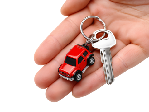 Hand holding car key with red suv keychain isolated on transparent or white background, png