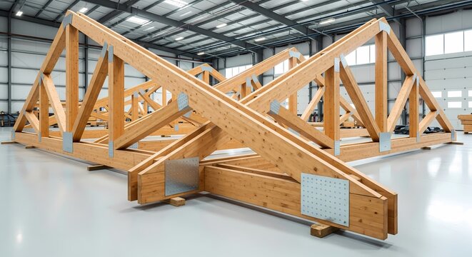 Wooden trusses arranged in a spacious warehouse. The structure showcases lumber construction techniques with metal connectors and a clean, modern environment.