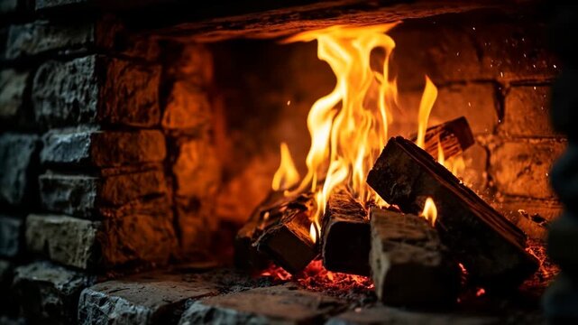 Rustic fireplace close-up with glowing firewood, warm flames, stone and brick details, cozy cinematic lighting, spooky Halloween atmosphere with old skull decorations on shelf, autumn seasonal interio