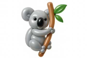 Koala balloon animal climbing tree branch with leaves