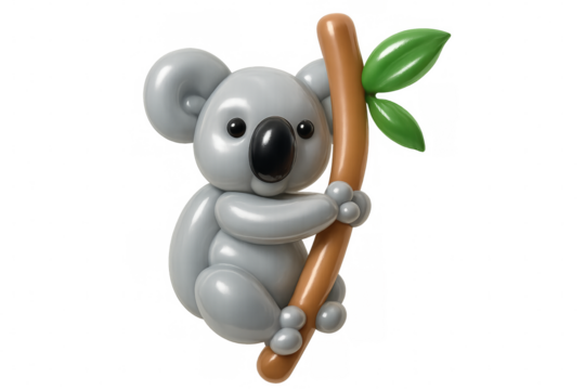 Koala balloon animal climbing tree branch with leaves
