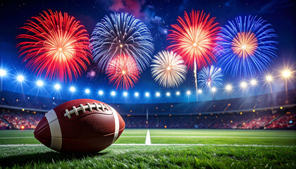 A leather football sits on the green turf of a massive stadium under bright lights with a spectacular patriotic fireworks display celebrating a championship victory