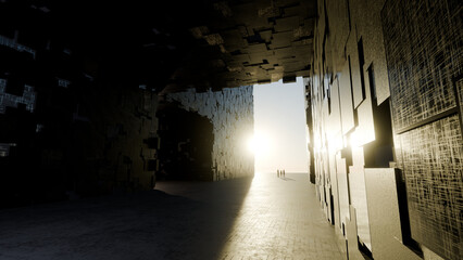 3d rendered image of a set of people standing in an open area in a surreal futuristic structure.