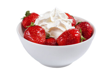 Fresh Strawberries and Whipped Cream in a White Bowl, isolated on white transparent background
