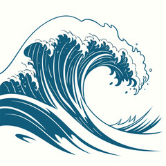 Stylized Blue Wave Illustration with Cresting Foam and Dynamic Curves.