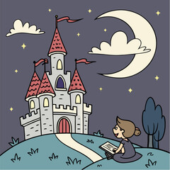 Whimsical Castle Scene with Child Reading Under a Crescent Moon.