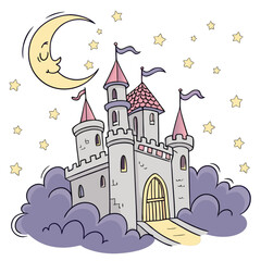Charming fairytale castle with pink turrets at night under a smiling crescent moon and stars.