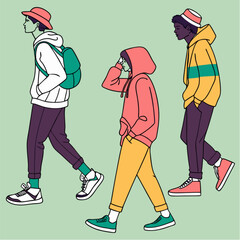 Three stylish young people in casual streetwear walking together.