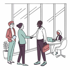 Diverse Businesspeople Handshake Agreement Modern Office Illustration.