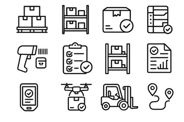 Checklist device route warehouse vector label stack storage rack set icon forklift