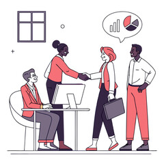 Diverse group of business professionals shaking hands finalizing a successful deal in a modern line art style.