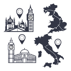 European Landmarks and Maps Collection in Monochrome Style.