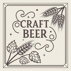Elegant Vintage Craft Beer Label Design Featuring Hops Wheat and Decorative Swirls.