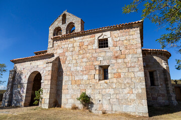 The historic Romanesque Church of Saint Stephen with its characteristic bell-gable in the village of Lomilla, Palencia, Spain