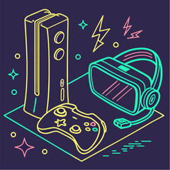 Neon Outline Gaming Console Controller and Virtual Reality Headset.