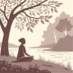 Serene Woman Meditating by River Peaceful Yoga Pose Silhouette.