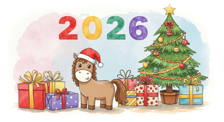 Fototapeta premium Christmas horse with gifts and decorated tree for New Year 2026 