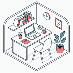Isometric illustration of a minimalist home office desk setup.