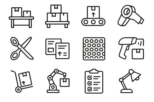 Workstation modern dispenser icons inventory icon bubble parcel wrap conveyor belt vector