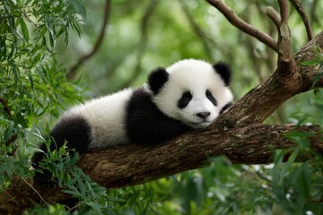 Fototapeta premium Giant panda cub resting on a tree branch in lush greenery during a tranquil afternoon