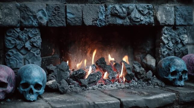 Rustic fireplace close-up with glowing firewood, warm flames, stone and brick details, cozy cinematic lighting, spooky Halloween atmosphere with old skull decorations on shelf, autumn seasonal interio