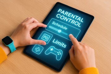 Parental control settings home digital interface tech environment overhead view family management solutions for responsible gaming