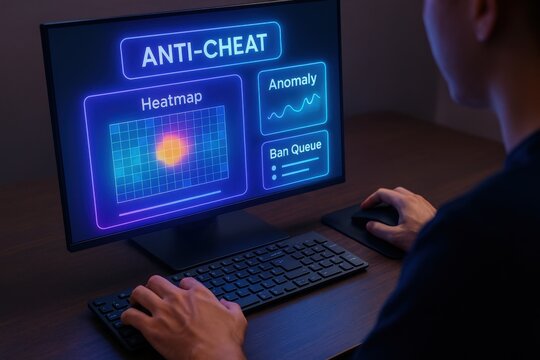 A person focusing on anti-cheat monitor with keyboard and mouse