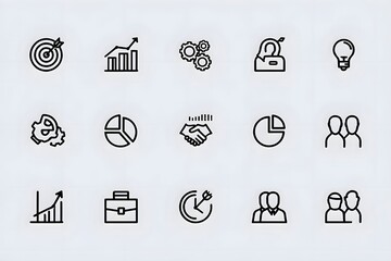 Business and management icons representing strategy, goals, and collaboration with a clean design