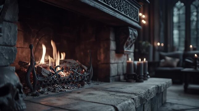 Rustic fireplace close-up with glowing firewood, warm flames, stone and brick details, cozy cinematic lighting, spooky Halloween atmosphere with old skull decorations on shelf, autumn seasonal interio