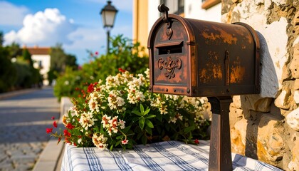 Rustic mailbox in a village setting