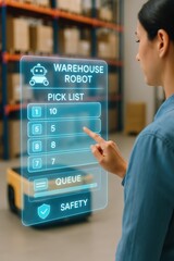 Warehouse robot assisting with pick list management industrial setting digital interface futuristic technology close-up view automation in logistics