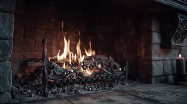 Rustic fireplace close-up with glowing firewood, warm flames, stone and brick details, cozy cinematic lighting, spooky Halloween atmosphere with old skull decorations on shelf, autumn seasonal interio