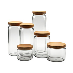 Glass jars, wooden lids, kitchen storage, organized, white background, food preservation