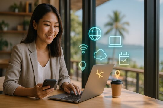 Engaging remote work setup with technology tools home office digital content showcase bright & inspiring environment professional viewpoint productivity focus