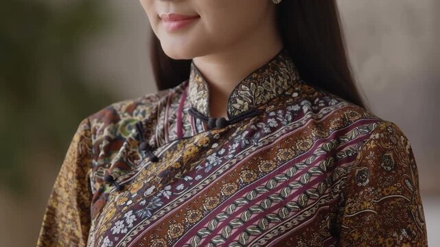 Asian woman wearing a traditional floral qipao dress