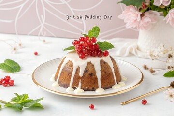 Celebrate British Pudding Day with a classic steamed pudding, adorned with sweet icing and fresh redcurrants. A delicious, traditional festive dessert.
 Generative Ai.
