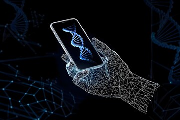 Dna technology on mobile device with digital hand connecting through network technology art