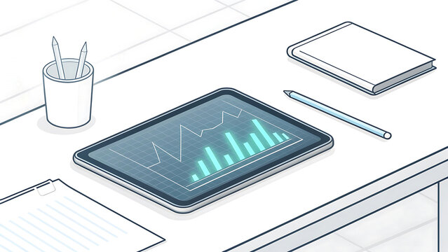Isometric view of a digital tablet displaying financial charts and graphs on a desk with office supplies