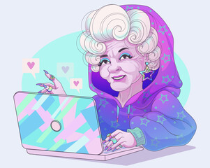 Fashionable granny. Gamer granny. Blogger granny. Funny cartoon vector illustration. 