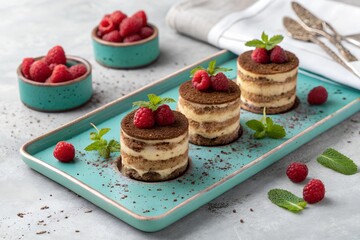 Gourmet mini tiramisu cakes with fresh raspberries. Elegant Italian dessert with mascarpone, coffee, and mint garnish on a stylish turquoise tray.
 Generative Ai.