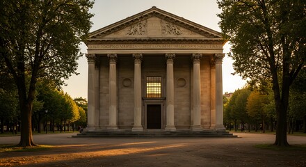 Obraz premium historic stone temple with tall columns and warm sunset light