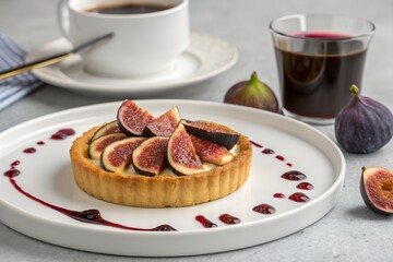 Elegant fig tartlet with fresh fruit and cream on a white plate. Gourmet dessert served with coffee and berry sauce for a delicious breakfast or snack.
 Generative Ai.