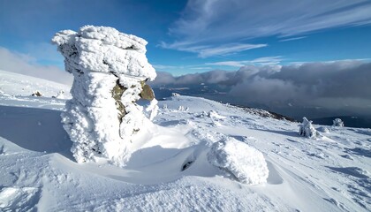 Snowy mountain peak with ice formations