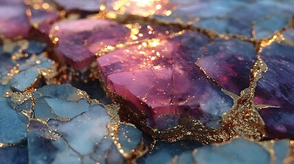 Fototapeta premium Glowing pink crystals cracked in gold edged fragments high resolution picture