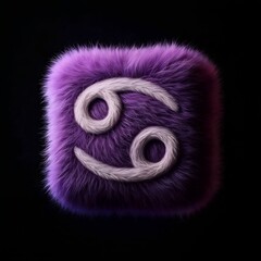 Modern purple fluffy Cancer zodiac sign. 3D rendered furry astrology icon with a soft, plush texture on a dark background for cosmic horoscope art.
 Generative Ai.