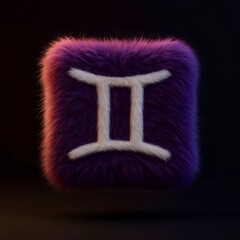 Fluffy purple Gemini zodiac sign icon. 3D rendered furry astrology symbol on a dark background. Soft, modern, and vibrant cosmic horoscope art.
 Generative Ai.