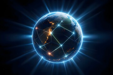 Global connectivity with glowing network lines and light beams around the earth globe image