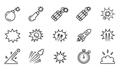 Bomb and explosion vector icons in minimalist line art style for comics, games, and action themes