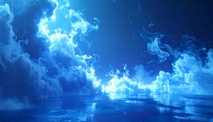 Fototapeta premium A stunning digital artwork with swirling blue and white ethereal cloud formations, resembling smoke or mist, over reflective water surface. Beautiful ambient light illuminates this abstract fantasy