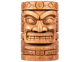 Intricately carved wooden tiki mug featuring a fierce expression and detailed tribal designs on its .